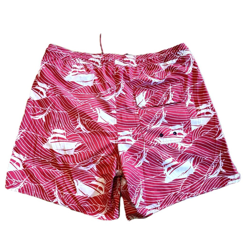 Vineyard Vines Swim Trunks Mens LARGE 7” Pink Printed Drawstring Sail Boats Fish - Picture 3 of 8